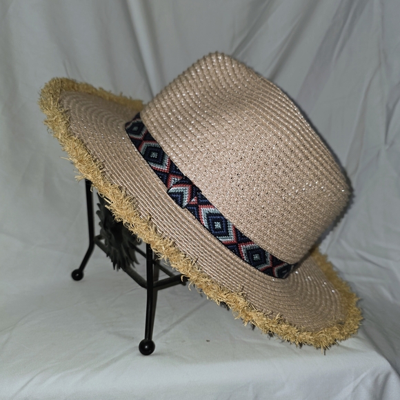 Source Unknown Accessories - Source Unknown Beige Straw Hat with Geometric Band